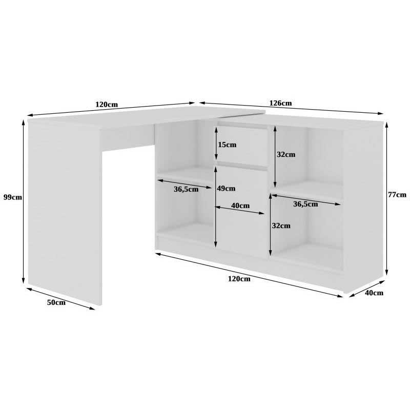 Birou calculator pe colt, PAL laminat, 1 sertar, 6 rafturi, alb si stejar, 120x126x79/77 cm [2]