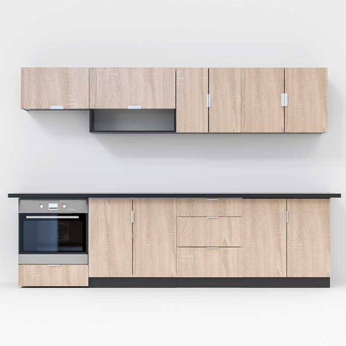 Bucatarie Lucmi Model 1, Negru perlat si Stejar Bardolino Natur, Pal 18mm, Cant ABS, 300cm [2]