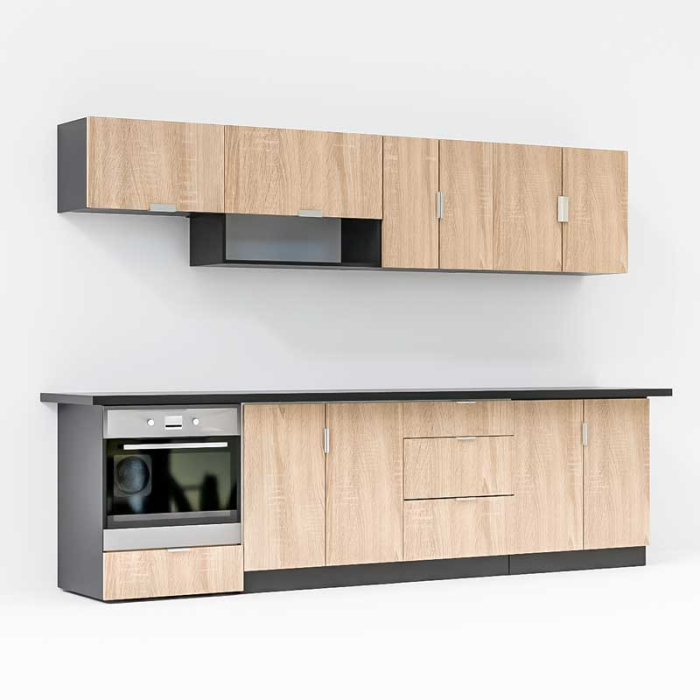 Bucatarie Lucmi Model 1, Negru perlat si Stejar Bardolino Natur, Pal 18mm, Cant ABS, 300cm [4]