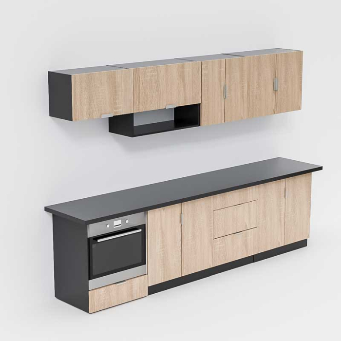 Bucatarie Lucmi Model 1, Negru perlat si Stejar Bardolino Natur, Pal 18mm, Cant ABS, 300cm [3]