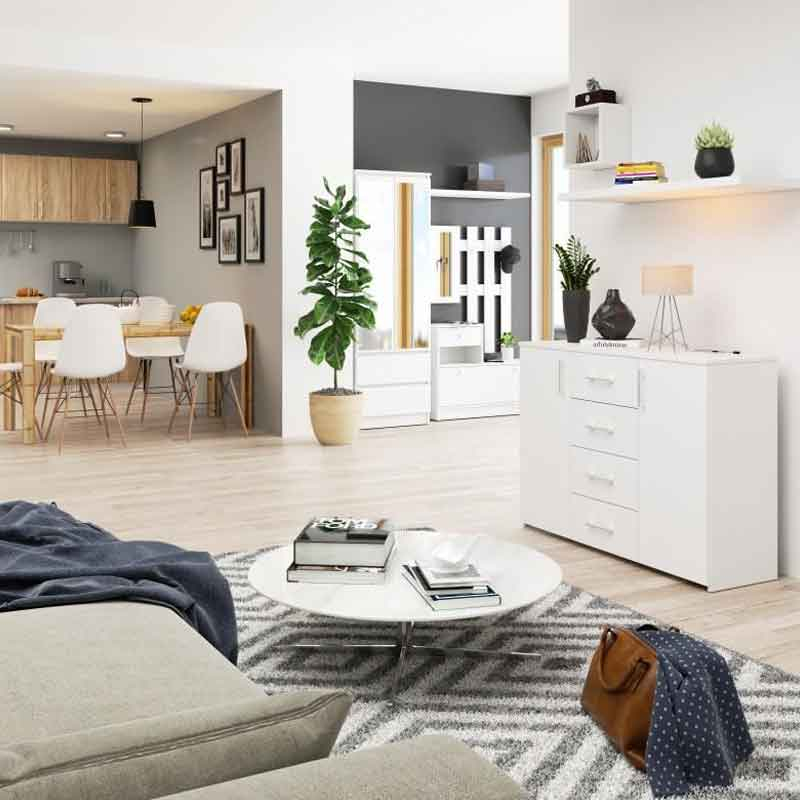 Comoda, PAL laminat, 4 sertare, 4 rafturi, alb, 110x35x80 cm [3]