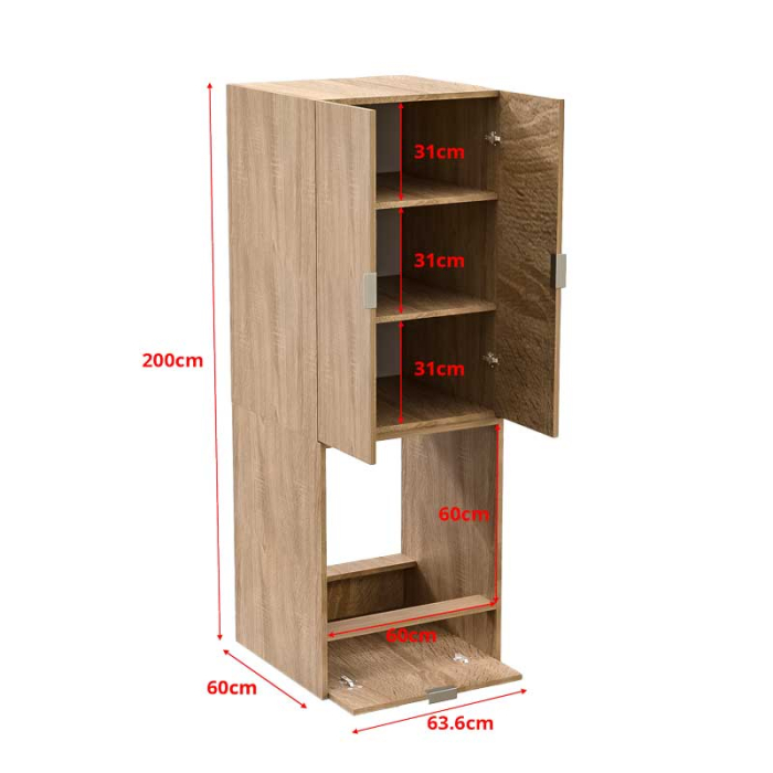 Dulap coloana pentru Cuptor incorporabil, Lucmi, PAL 18mm, Cant ABS 2mm, Stejar Natur, cu spatiu depozitare si  2 polite, 2 usi, 60(a) x 63.6( L) x 200(h)cm [6]