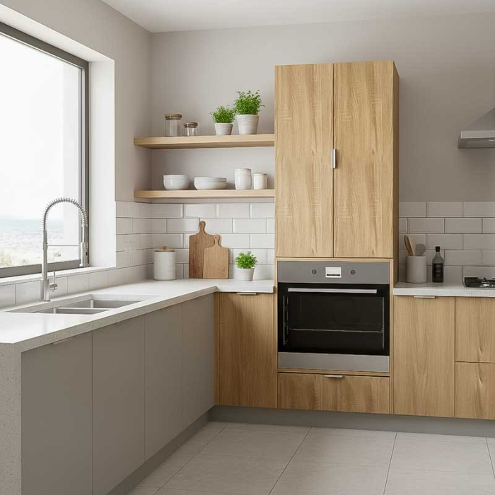 Dulap coloana pentru Cuptor incorporabil, Lucmi, PAL 18mm, Cant ABS 2mm, Stejar Natur, cu spatiu depozitare si  2 polite, 2 usi, 60(a) x 63.6( L) x 200(h)cm [2]