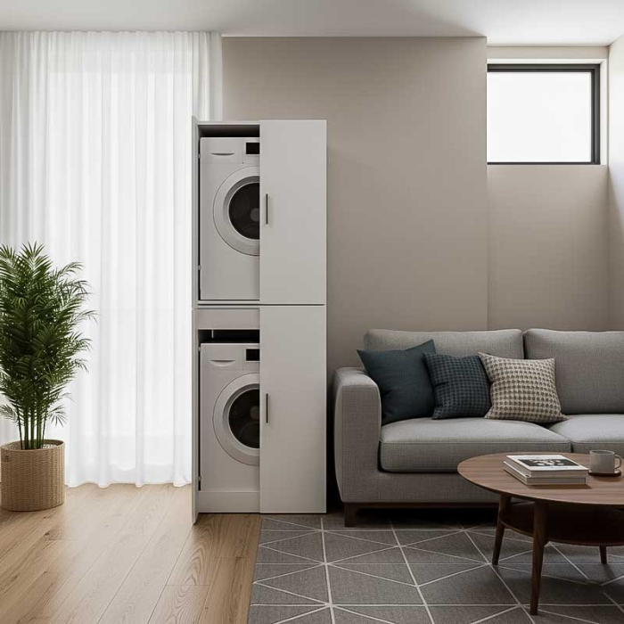 Dulap Masca masina de spalat si uscator haine, Lucmi, PAL 18 mm, 1 raft, 4 usi, Alb mat, 70.6 x 66.8 x 190.6 cm [2]