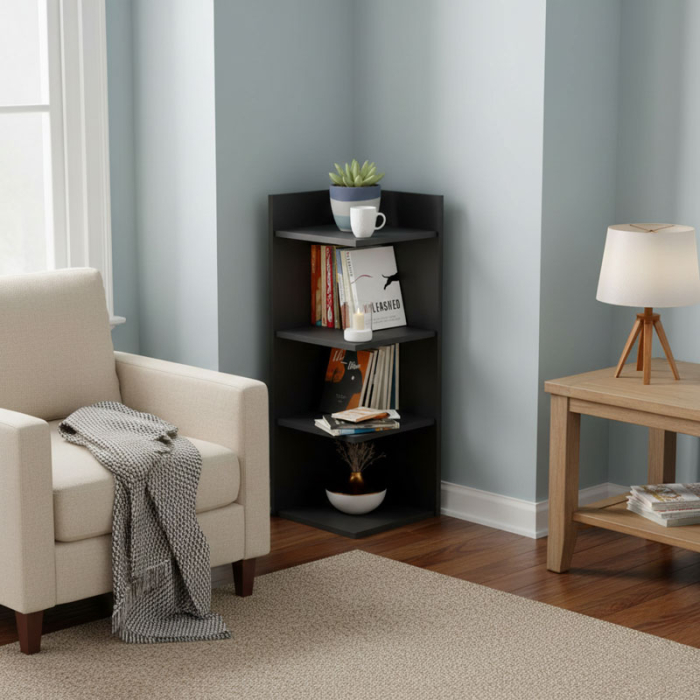 Etajera colt, Lucmi, PAL melaminat 18mm, Negru mat, 4 rafturi , 35x35x100(h) cm [2]