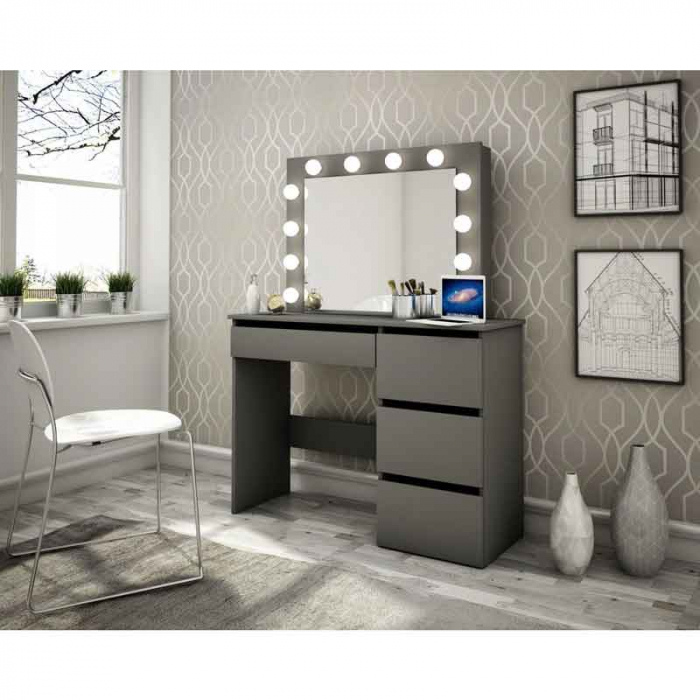 Masa de toaleta/machiaj, neagra, cu oglinda si LED-uri, LUCMI, 94x43x141 cm [2]