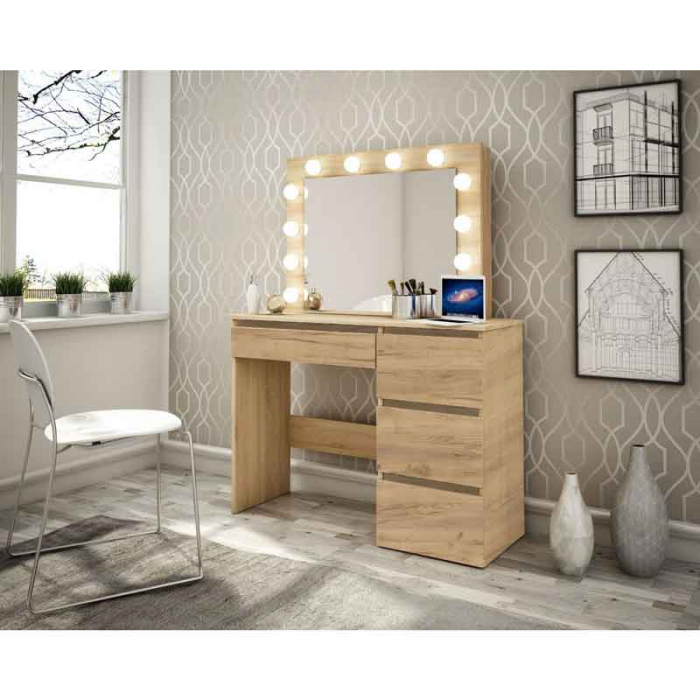 Masa de toaleta/machiaj, stejar wotan, cu oglinda si LED-uri, LUCMI, 94x43x141 cm [2]