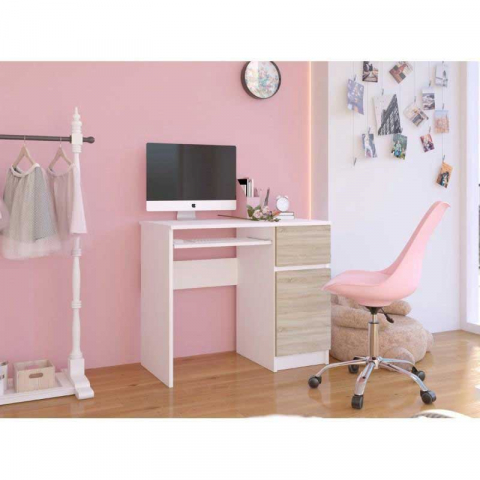 Birou calculator, PAL laminat, 1 sertar, 3 rafturi, alb si stejar, 90x50x77 cm [2]