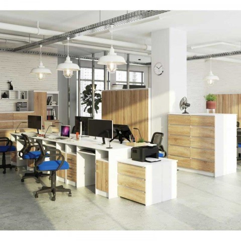 Birou calculator, PAL laminat, 3 sertare, 5 rafturi, alb si stejar, 124x52x74 cm [2]