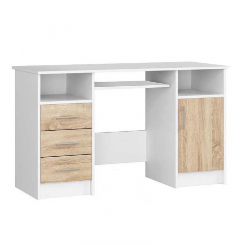 Birou - Birou calculator, PAL laminat, 3 sertare, 5 rafturi, alb si stejar, 124x52x74 cm