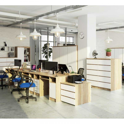 Birou calculator, PAL laminat, 3 sertare, 5 rafturi, stejar si alb, 124x52x74 cm [2]