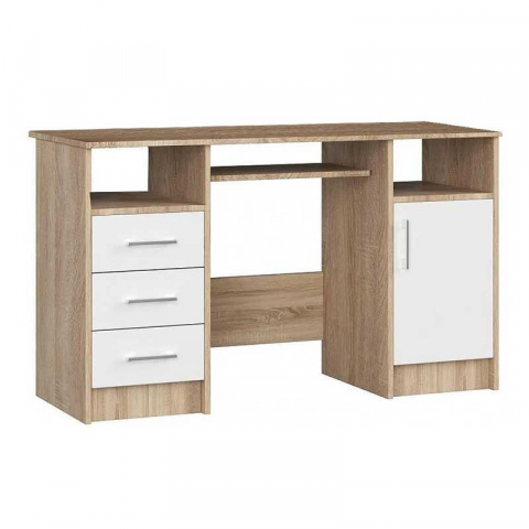 Birou - Birou calculator, PAL laminat, 3 sertare, 5 rafturi, stejar si alb, 124x52x74 cm