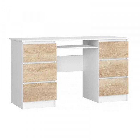 Birou - Birou calculator, PAL laminat, 6 sertare, 1 raft, alb si stejar, 135x50x77 cm