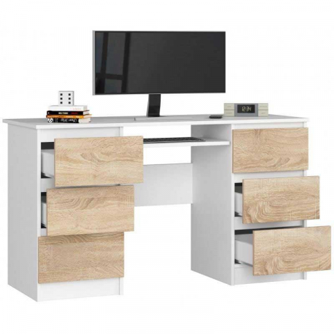 Birou calculator, PAL laminat, 6 sertare, 1 raft, alb si stejar, 135x50x77 cm [1]