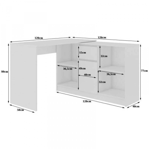 Birou calculator pe colt, PAL laminat, 1 sertar, 6 rafturi, alb si stejar, 120x126x79/77 cm [1]