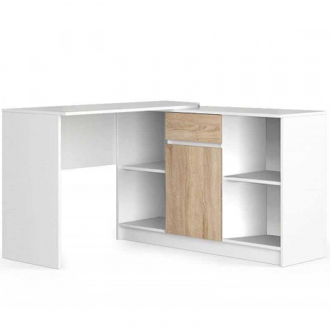 Birou - Birou calculator pe colt, PAL laminat, 1 sertar, 6 rafturi, alb si stejar, 120x126x79/77 cm