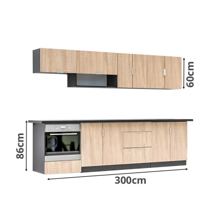 Bucatarie - Bucatarie Lucmi Model 1, Negru perlat si Stejar Bardolino Natur, Pal 18mm, Cant ABS, 300cm