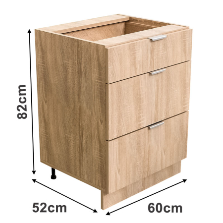 Corpuri Modulare Bucatarie - Corp Modular Bucătărie PAL 18 mm, Stejar Natur, 3 Sertare, Glisiere Tandem Blum cu Blumotion, Mâner Profil 120 mm