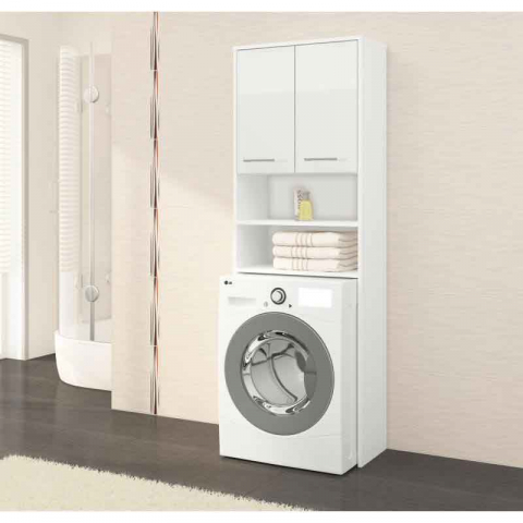 Dulap baie cu loc pentru masina de spalat, PAL laminat, 4 rafturi, 2 usi, alb LUCIOS, 64x30x180 cm [2]