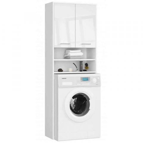 Dulap baie cu loc pentru masina de spalat, PAL laminat, 4 rafturi, 2 usi, alb LUCIOS, 64x30x180 cm