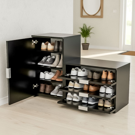Dulap depozitat incaltaminte, pantofar, PAL18mm, Negru Mat, cant abs, 3 sertare, 2 rafturi, alb, 98.4x360x68/43 cm [1]