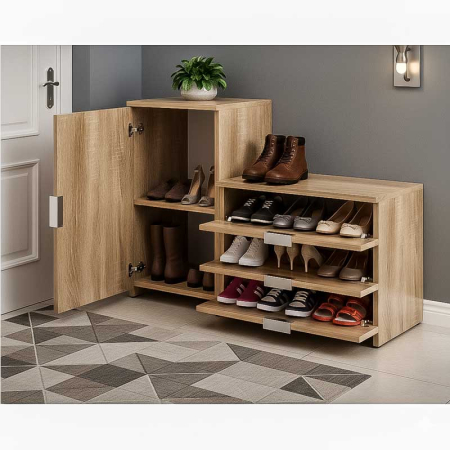 Dulap pentru depozitat incaltaminte, pantofar, PAL 18mm, 3 sertare, 2 rafturi, Stejar Natur, 98.4x36x68/43 cm [1]