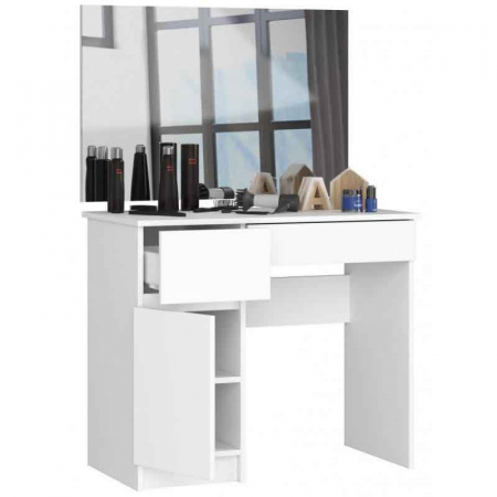 Masa de toaleta/machiaj, 2 sertare, 2 rafturi, stanga, cu oglinda, alba, LUCMI,  90x50x77/142 cm [1]
