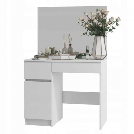 Masa de toaleta/machiaj, 2 sertare, 2 rafturi, stanga, cu oglinda, alba, LUCMI,  90x50x77/142 cm [2]