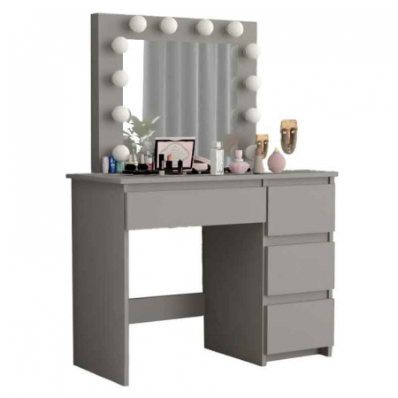Masa de toaleta - Masa de toaleta/machiaj, gri, cu oglinda si LED-uri, LUCMI,  94x43x141 cm