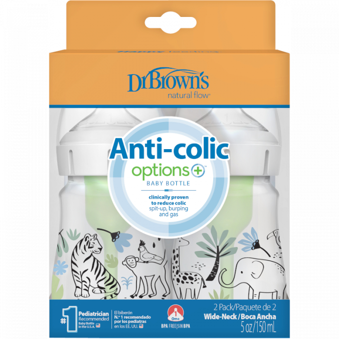 BIBERON ANTI-COLICI CU GAT LARG PP,150 ML. "OPTIONS PLUS" DESIGN BAIETI (BPA FREE) (2 PACK) [2]