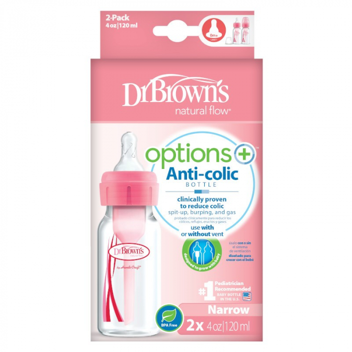 Pachet Biberoane cu Gat Ingust, "Options Plus" PP 120ml.  Roz, (2-Pack) (BPA free) [2]