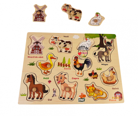 Jucarii lemn - Joc Puzzle Incastru ANIMALE DOMESTICE Montessori