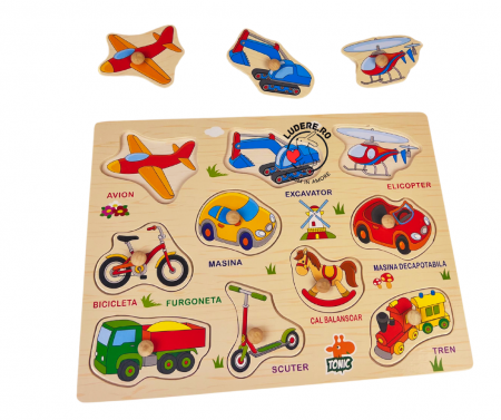 Jucarii lemn - joc  Puzzle Incastru VEHICULE Montessori avion