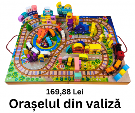 Centre activitati - Orașelul din valiză joc din lemn Montessori cu trenulet pe baterii