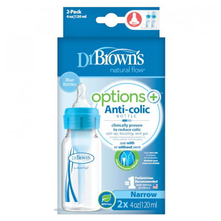 Pachet Biberoane Anti-Colici cu Gat Ingust "Options Plus" PP, 120 ml. (2 pack), Albastru [1]
