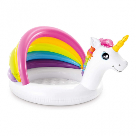 Vara - Piscina gonflabila, pentru copii, Intex Unicorn, cu protectie solara, 127 x 102 x 69 cm