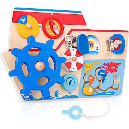 Jucarii de Lemn - Placa interactiva Montessori, Vaporul Piratilor, din lemn
