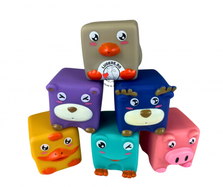Jucarii baie - Set 6 Cuburi moi pentru bebelusi cu animale Soft Blocks
