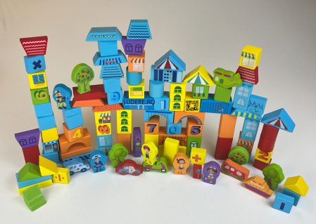 Jucarii educative - Cuburi de construit mini orasel 100 piese  Montessori