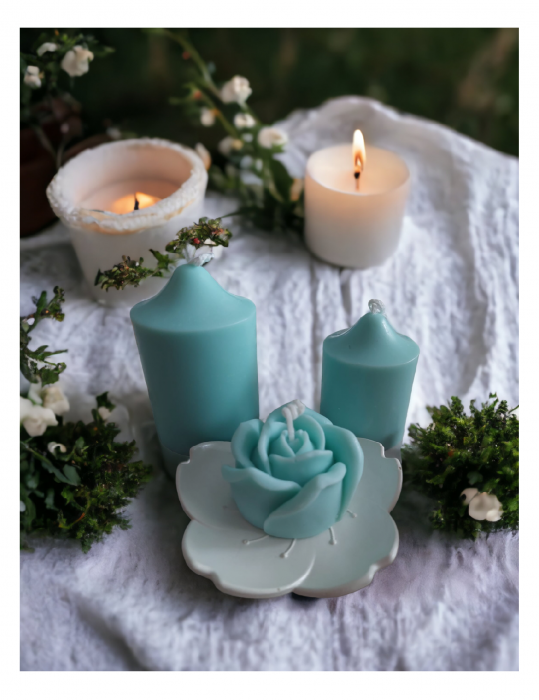 Set lumânări cilindrice + floare decorativă Tuquoise [1]