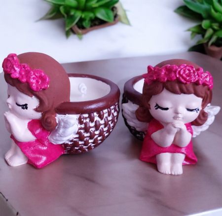 Lumânare parfumată "Angel", în vas ceramic, model FETIȚĂ ÎNGERAȘ ȘI COS ÎMPLETIT [4]