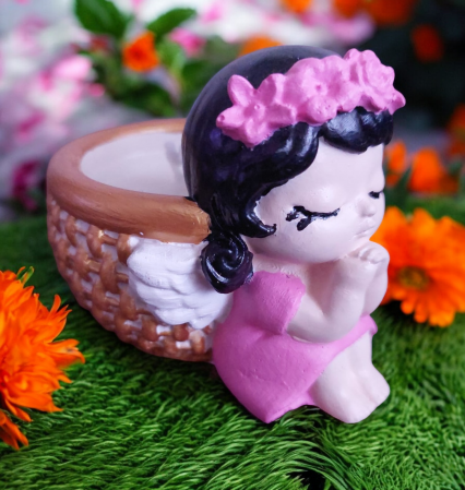 Lumânare parfumată "Angel", în vas ceramic, model FETIȚĂ ÎNGERAȘ ȘI COS ÎMPLETIT [6]