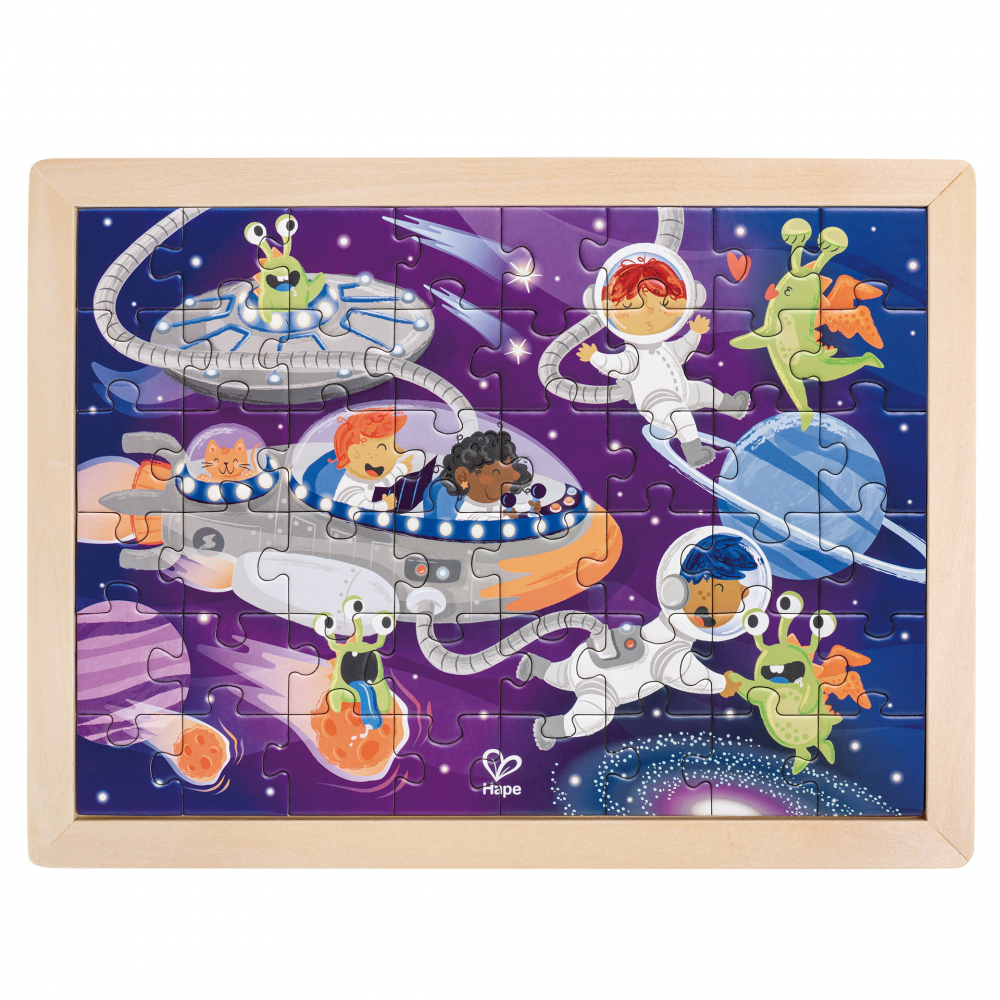 Puzzle Din Lemn 2 In 1 - Prietenii Din Spatiu (50 Piese), Cu Fata Dubla Si Activitate Colorare [1]