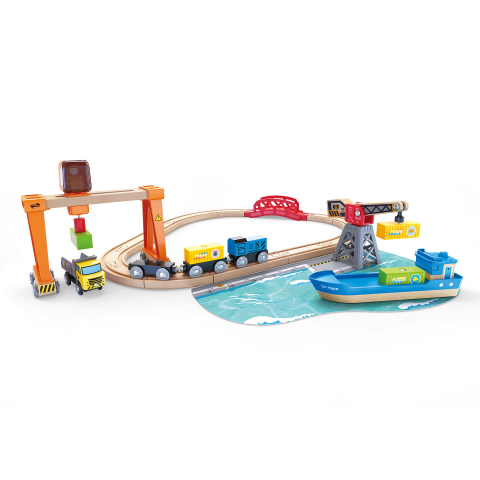 Jucarii - Jucarie Din Lemn - Set Tren Cu Port De Ridicare Si Incarcare