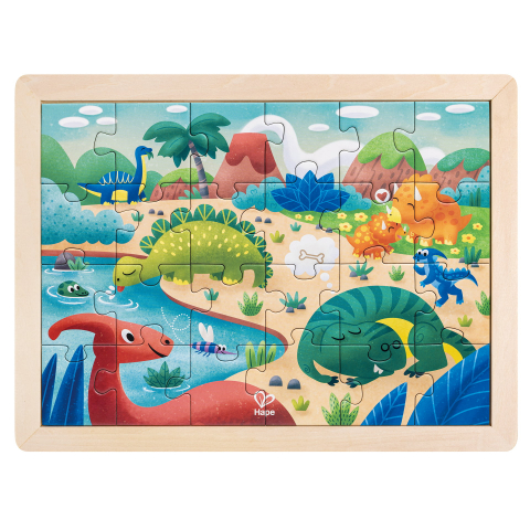 Puzzle - Puzzle Din Lemn 2 In 1 - Dinozauri (26 Piese), Cu Fata Dubla Si Activitate Colorare
