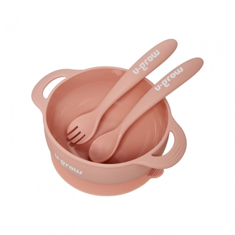 Baby - Set bol si lingurita silicon, roz,U-Grow