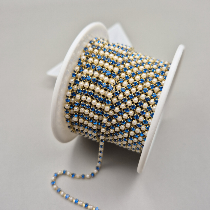 Lant strasuri - perle acril/sticla 2mm alb/safir [1]