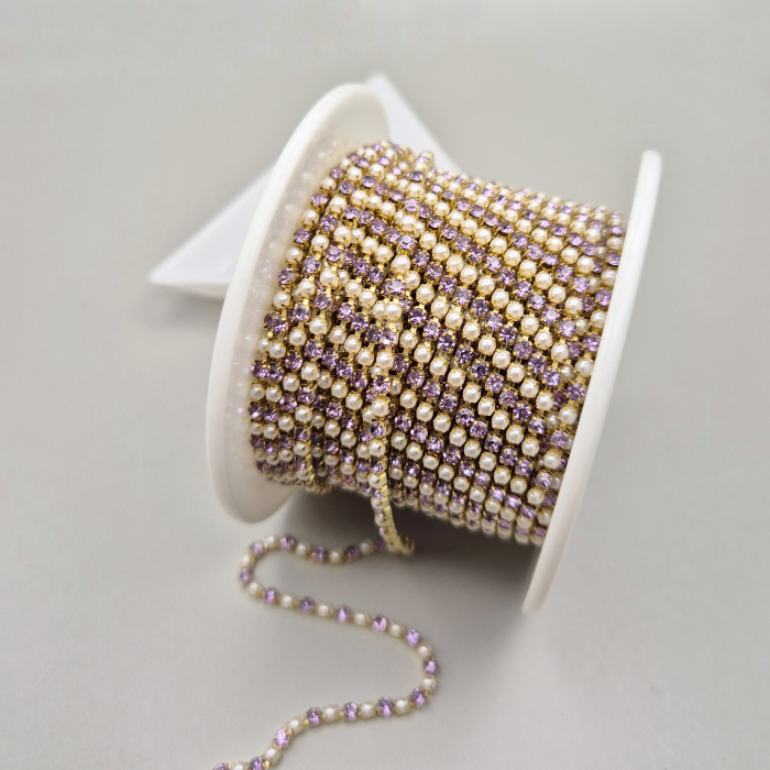 Lant strasuri - perle acril/sticla 2mm alb/violet [1]