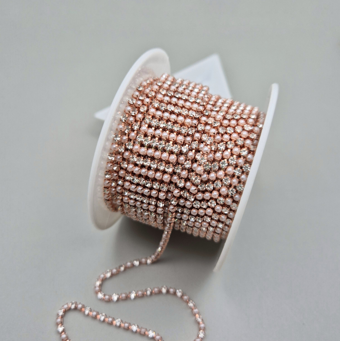Lant strasuri - perle acril/sticla 2mm alb/clear - rose gold [1]