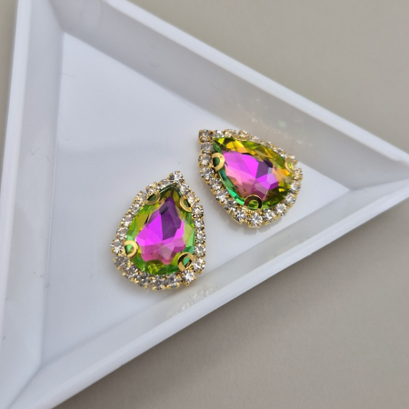 Roz - Stras 10x14mm lacrima peridot RB - baza aurie